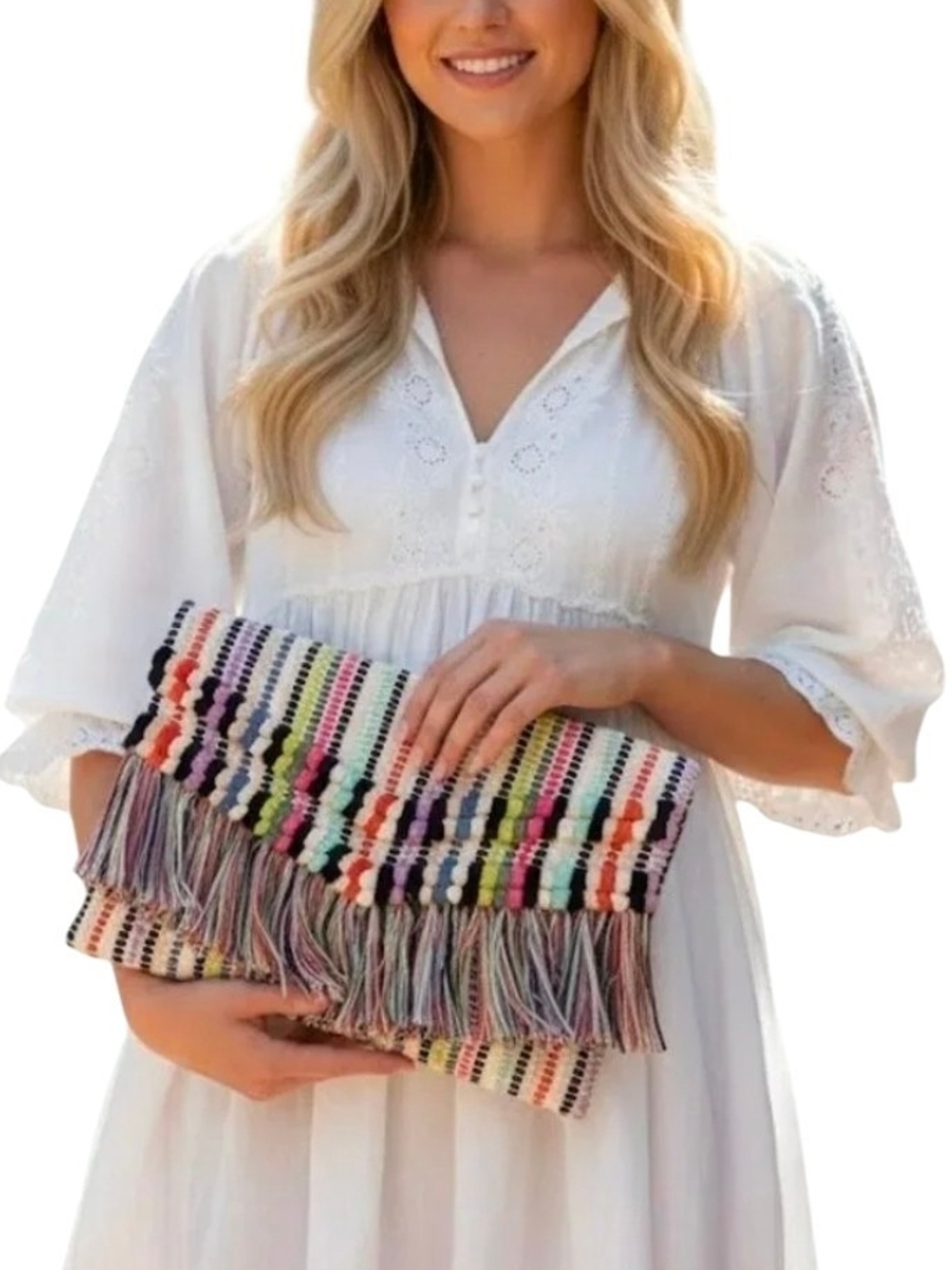 Stella & Dot Multicolor Woven Fringe Clutch